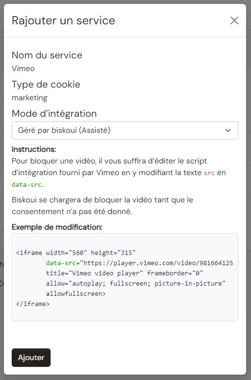 Vimeo service configuration in biskoui